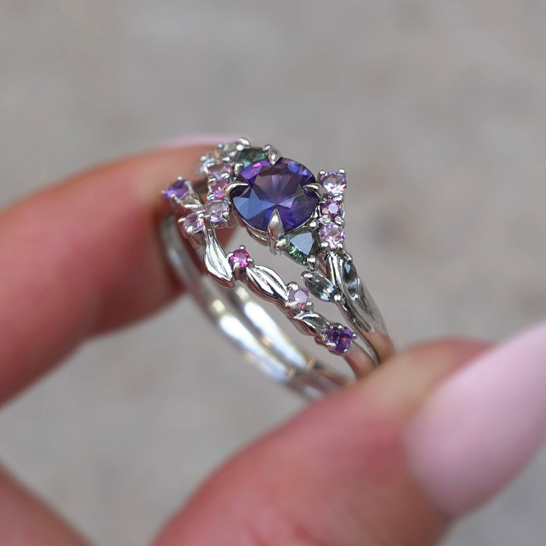 Nature Inspired Alternative Bridal Enchanted Garden Cluster Ring Set w/ Purple Sapphire 14K Gold