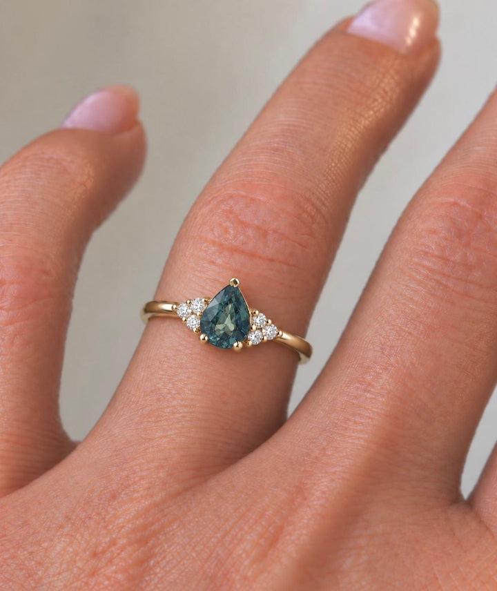 Pear Cut Teal Montana Sapphire and Diamond Engagement Ring in 14K Gold Natural Blue Green Sapphire Ring