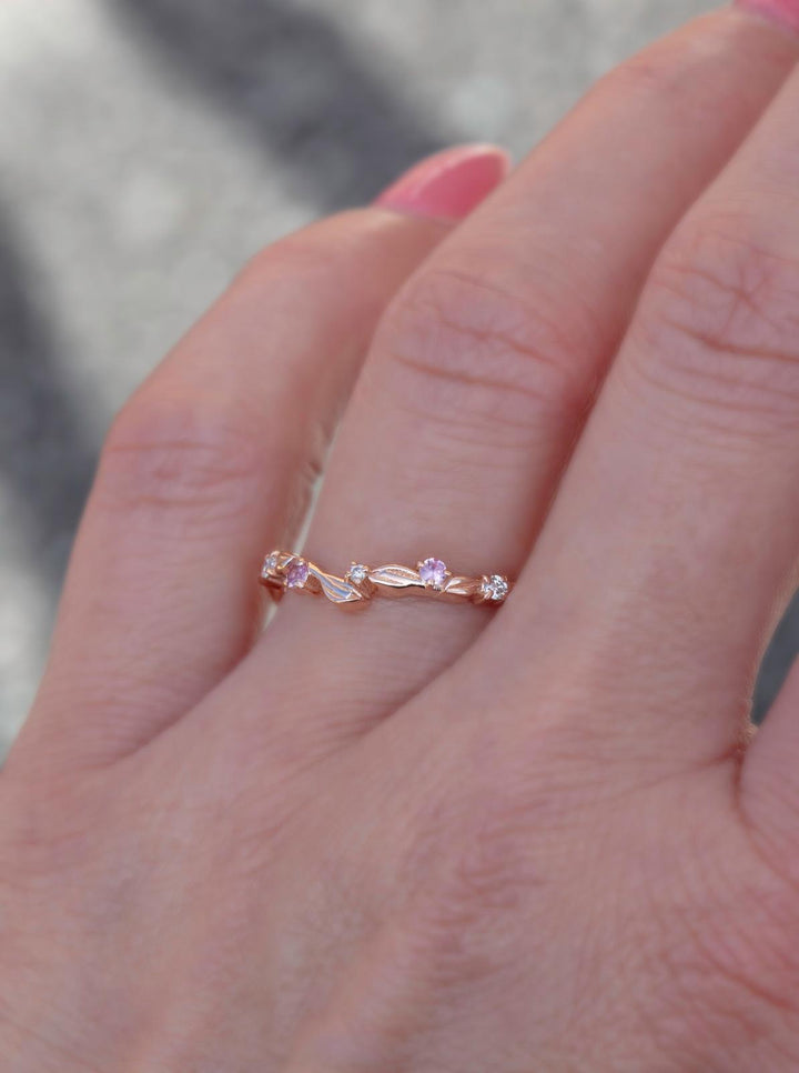 Nature Inspired Leaf Wedding Band w/ Pink Sapphires and Diamonds 14K Gold