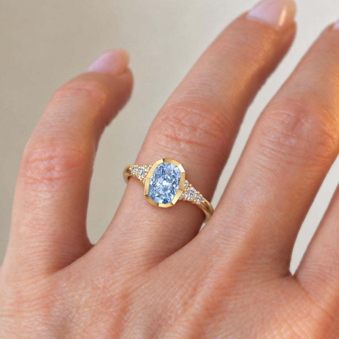 Lab Grown Fancy Vivid Blue Elongated Cushion Diamond Engagement Ring in 14K Gold|Bezel Set Diamond Ring