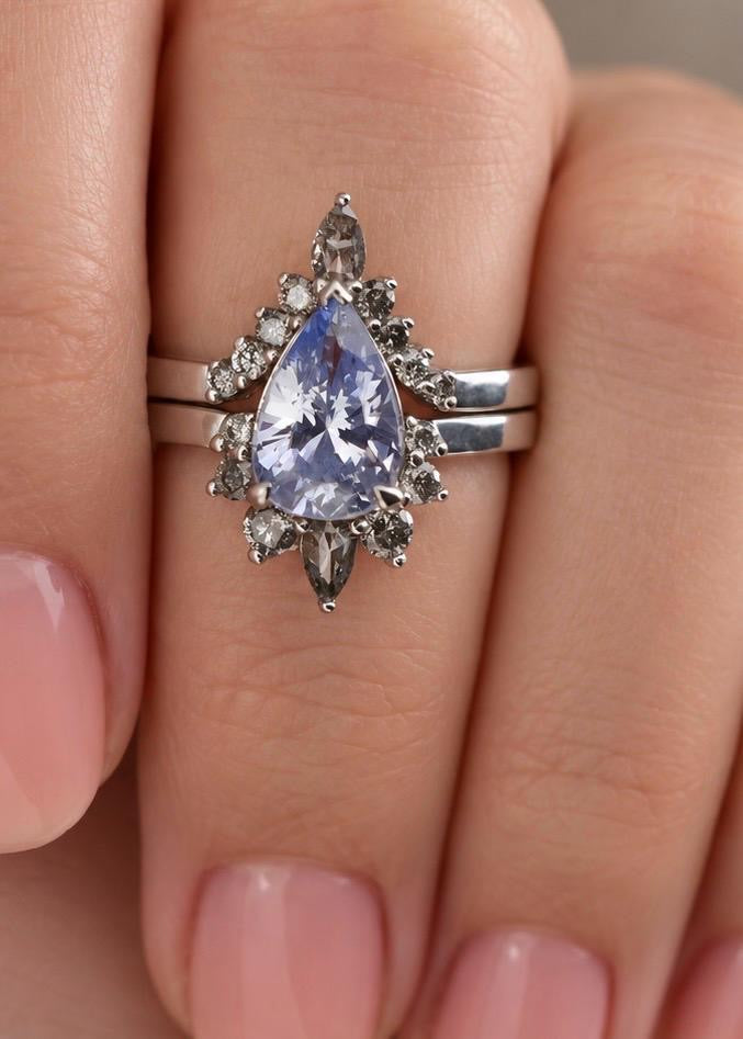 Pear Cut Pastel Blue Sapphire Engagement Ring Set with Salt and Pepper Diamond Wedding Band in 14K Gold