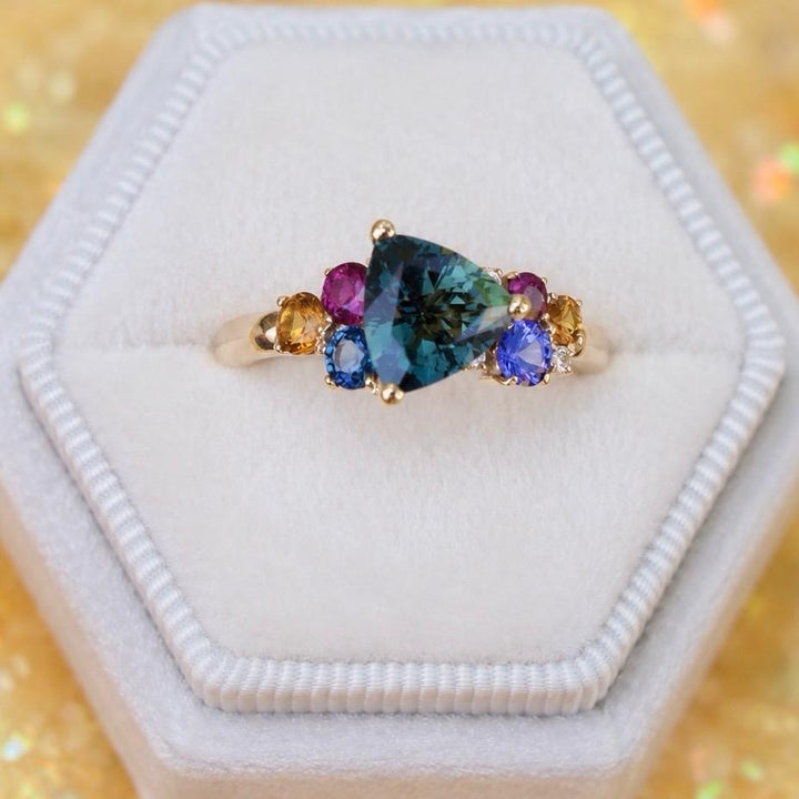 Trillion Teal Sapphire Multi Stone Cluster Engagement Ring in 14K Gold