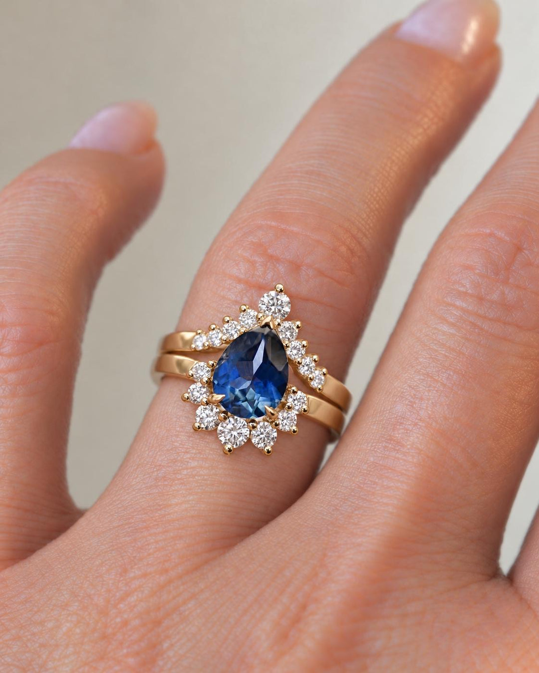 Pear Cut Teal Blue Montana Sapphire Engagement Ring Set with Natural Diamond Wedding Band in 14K Gold