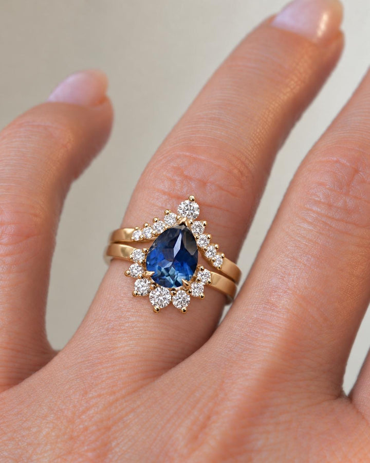 Pear Cut Teal Blue Montana Sapphire Engagement Ring Set with Natural Diamond Wedding Band in 14K Gold