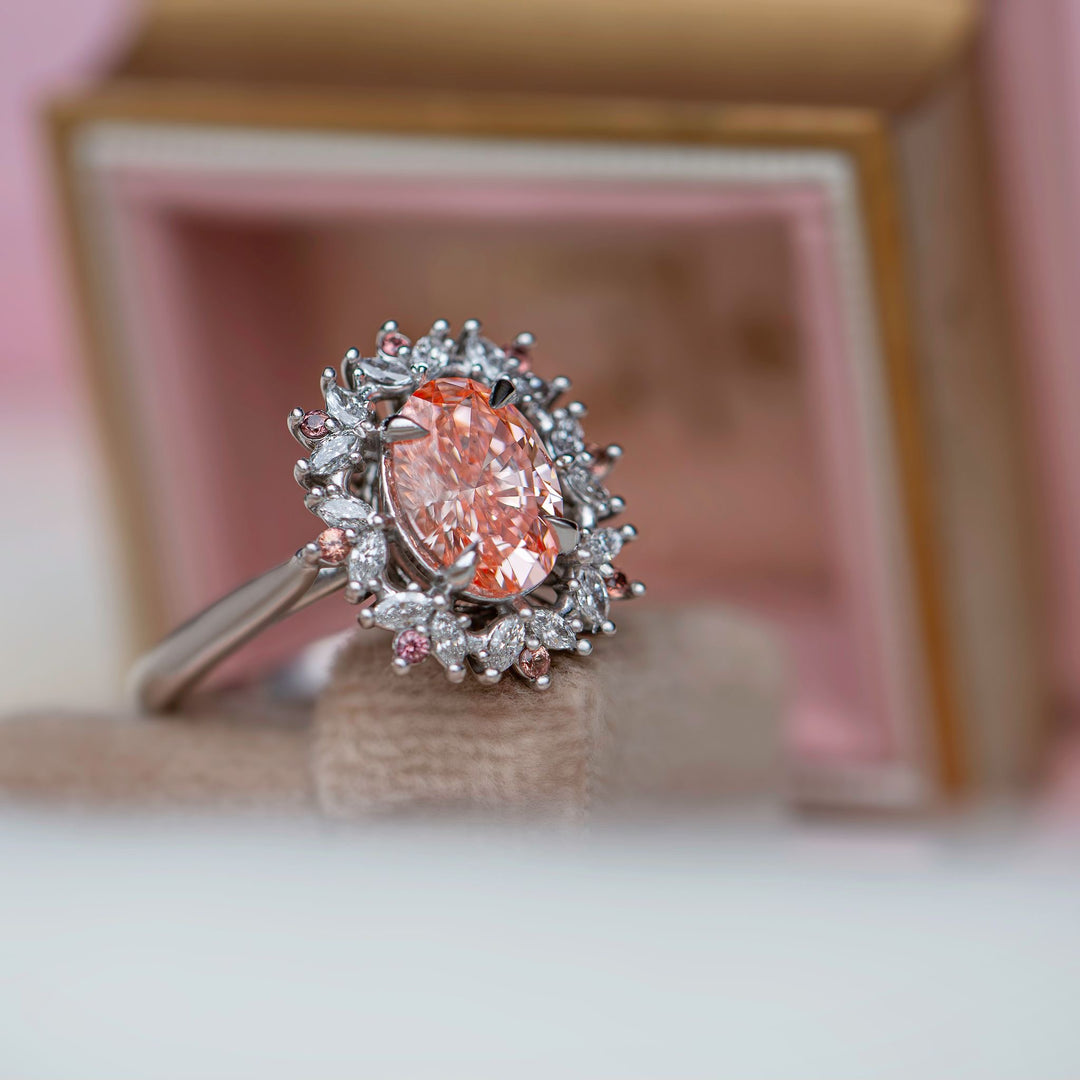 Floral Engagement Ring w/ Oval Pink Diamond and Padparadscha Sapphires 14K Gold