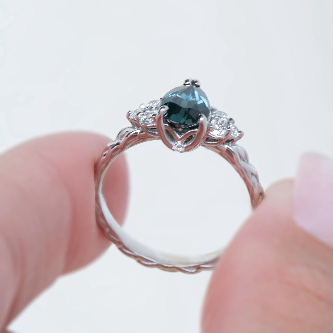 Teal Pear Sapphire and Diamond Engagement Ring with Celtic Knot Band 14K Gold