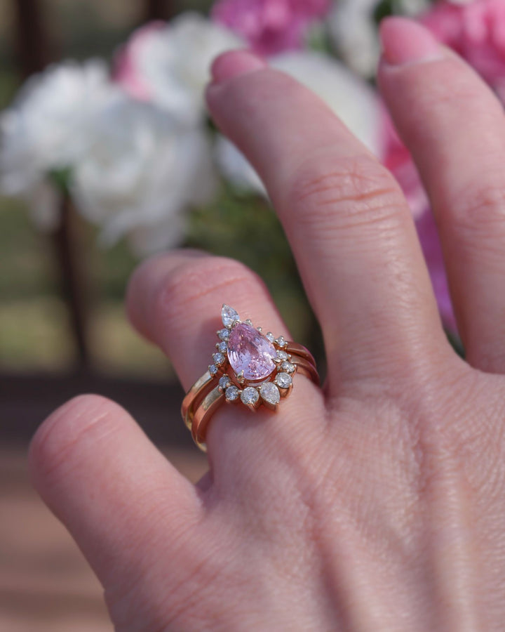 Pear Shape Pink Sapphire and Diamond Engagement Ring Set 14K Gold