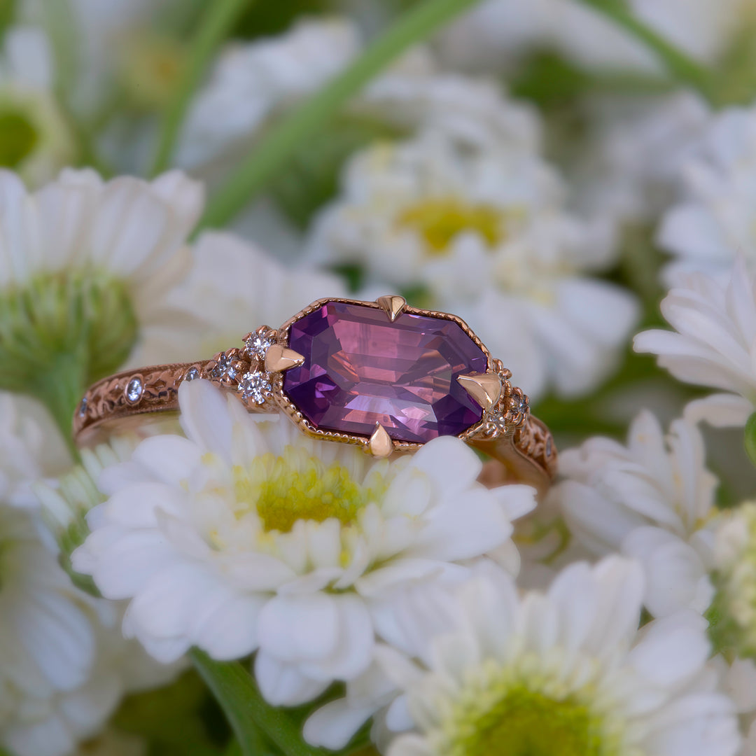 Emerald Cut Opalescent Pink Sapphire Floral Engagement Ring – Hand Carved Nature Inspired Ring 14K Gold