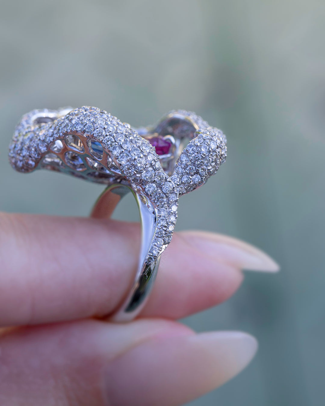 Fancy Sapphire and Diamond Cocktail Ring with Blue Sapphire,Pink Sapphire in 14K White Gold