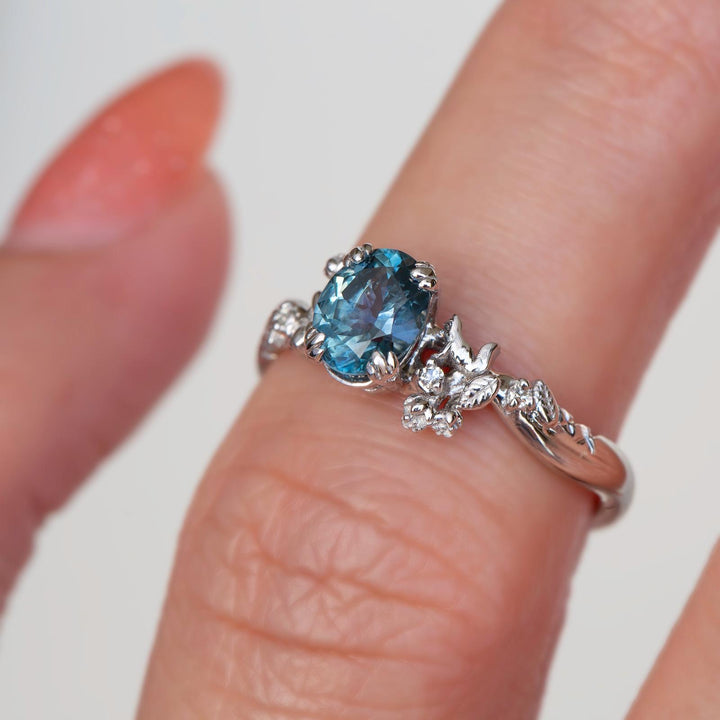 Nature Inspired Bee Fox and Dinosaur Engagement Ring w/ Oval Montana Sapphire 14K Gold