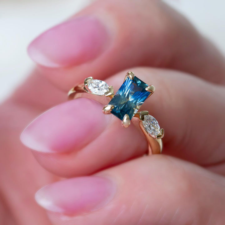 Three Stone Montana Sapphire Engagement Ring – Teal Sapphire and Diamond Ring in 14K Gold