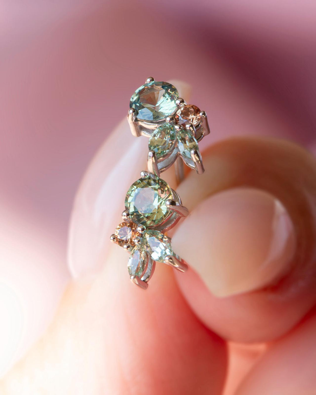 Floral Cluster Earrings with Mint Green Sapphire and Padparadscha Accents 14K Gold