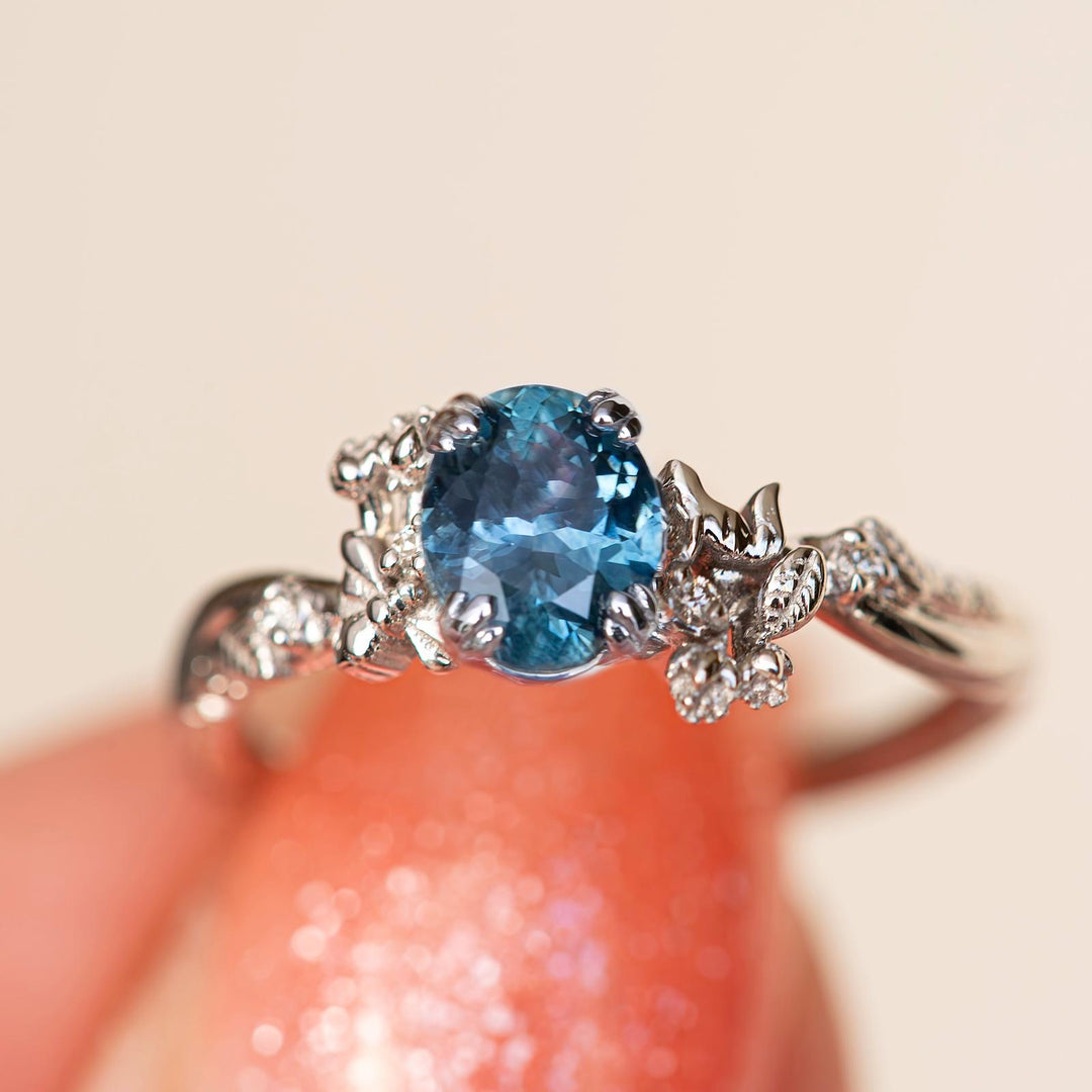 Nature Inspired Bee Fox and Dinosaur Engagement Ring w/ Oval Montana Sapphire 14K Gold