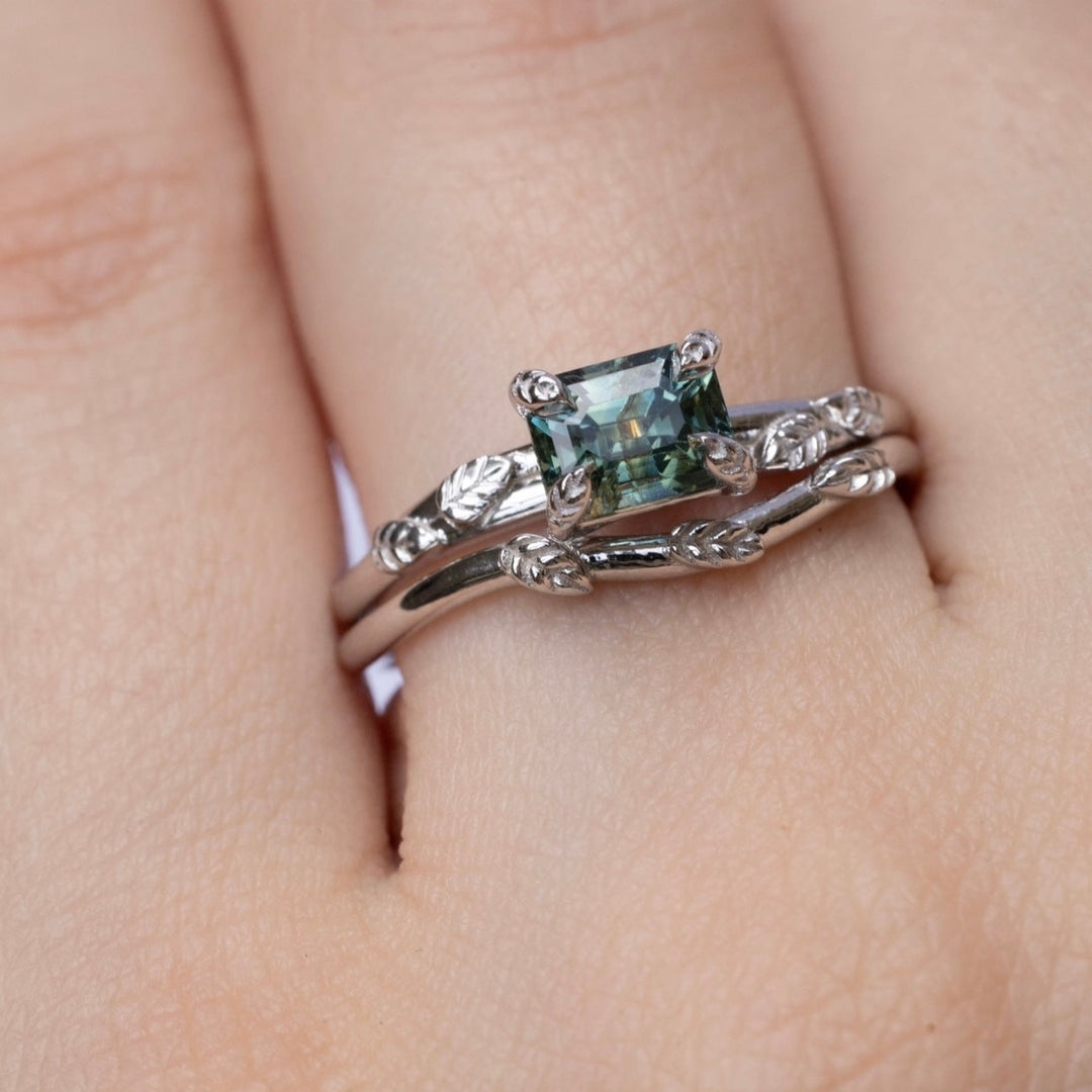 Nature Inspired Leaf Engagement Ring Set with Teal Green Sapphire 14K White Gold