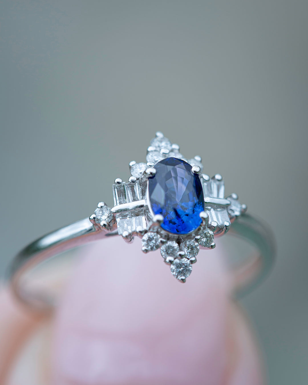 Blue Sapphire Engagement Ring with Diamonds 18K White Gold, Art Deco Style Ring