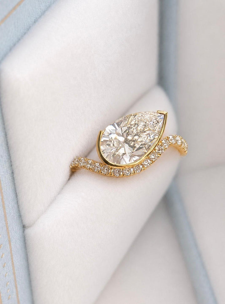 Pear Cut Lab Grown Diamond Engagement Ring in 14K Gold Half Bezel Diamond Ring with Diamond Accents