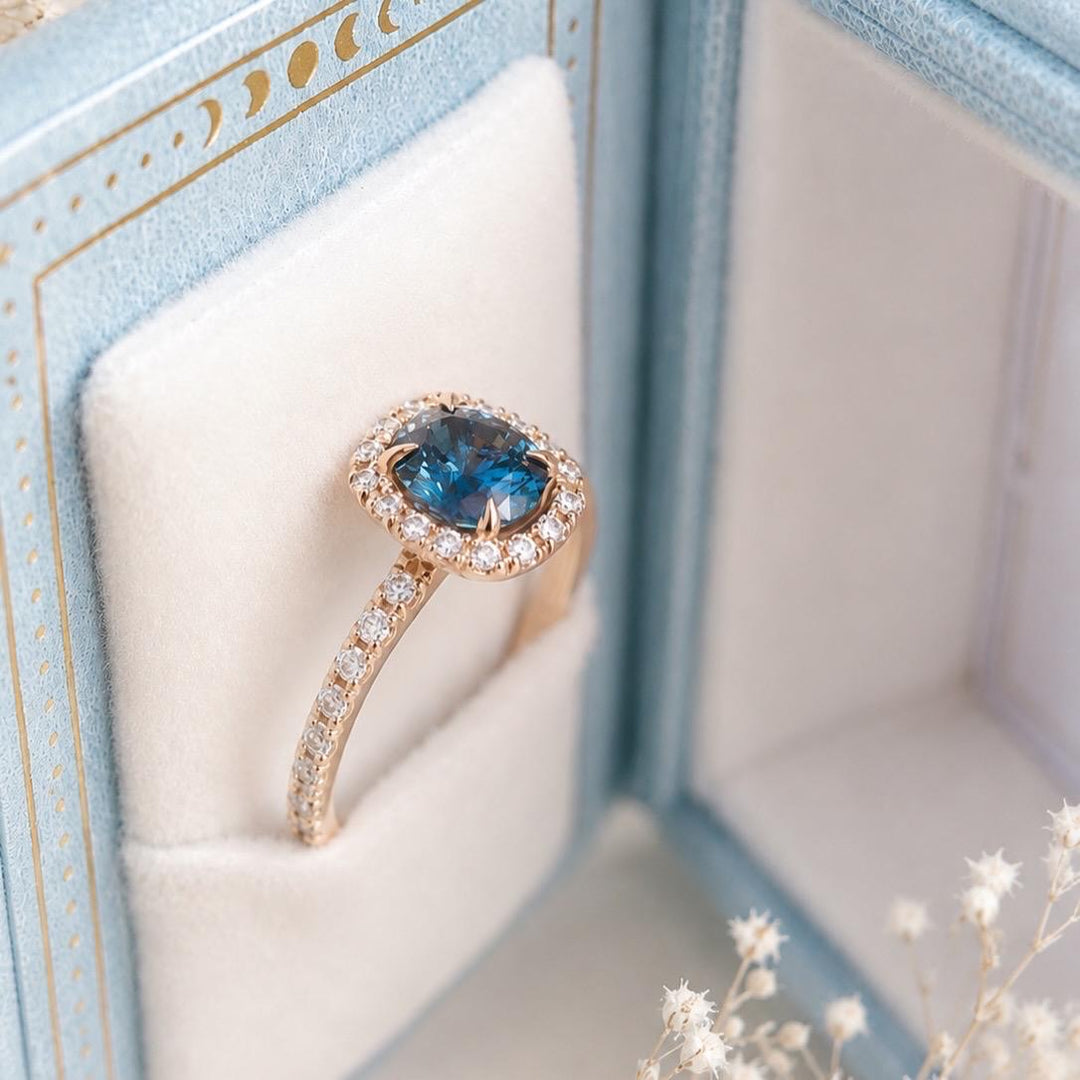 Blue Green Oval Montana Sapphire and Diamond Halo Engagement Ring in 14K Gold