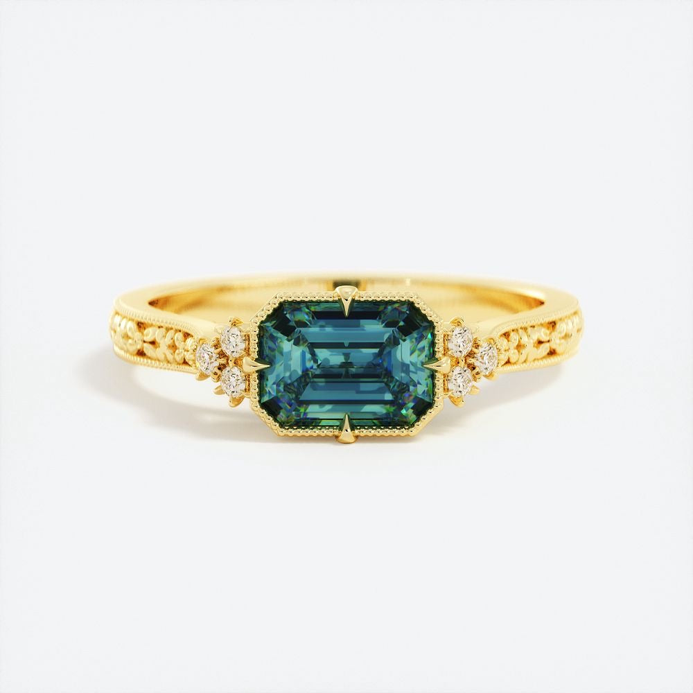 Emerald Cut Blue Green Sapphire and Diamond Floral Engagement Ring in 14K Gold