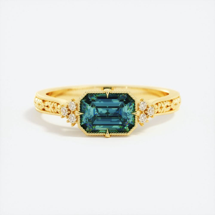 Emerald Cut Blue Green Sapphire and Diamond Floral Engagement Ring in 14K Gold