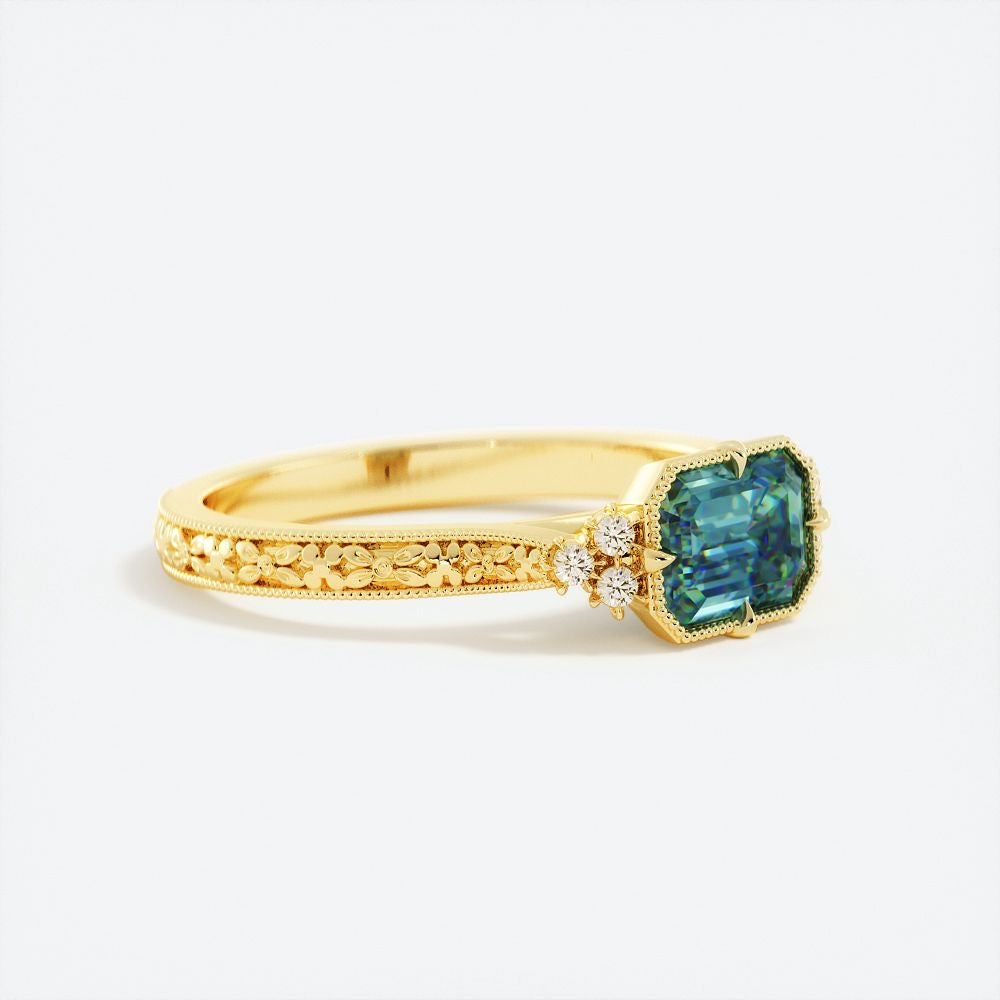 Emerald Cut Blue Green Sapphire and Diamond Floral Engagement Ring in 14K Gold