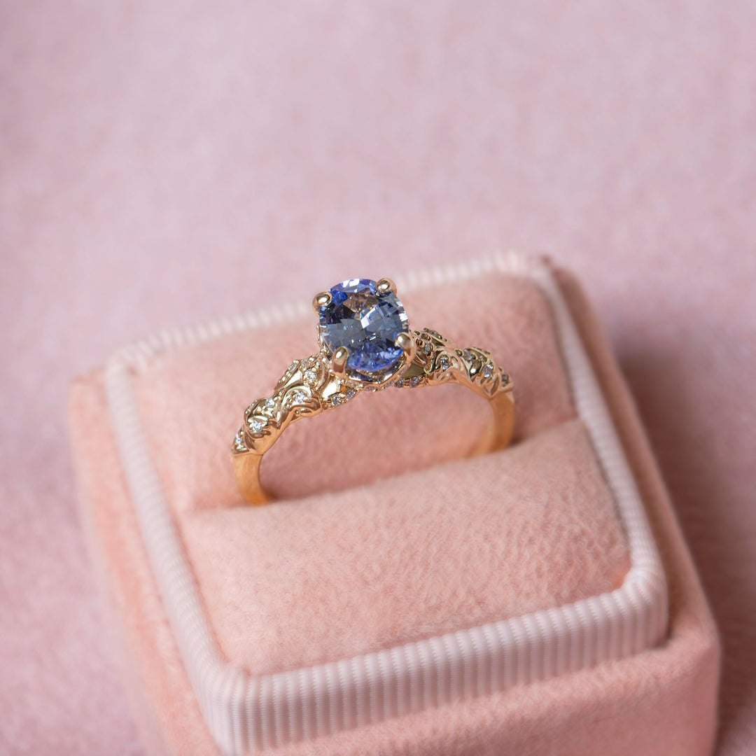 Genevieve Vintage Filigree Engagement Ring w/ Pastel Blue Oval Sapphire 14K Gold