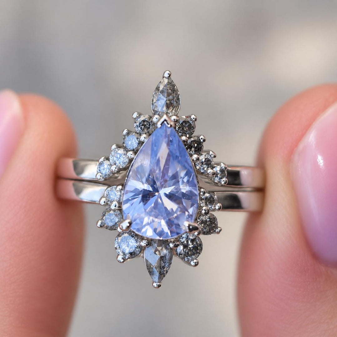 Pear Cut Pastel Blue Sapphire Engagement Ring Set with Salt and Pepper Diamond Wedding Band in 14K Gold