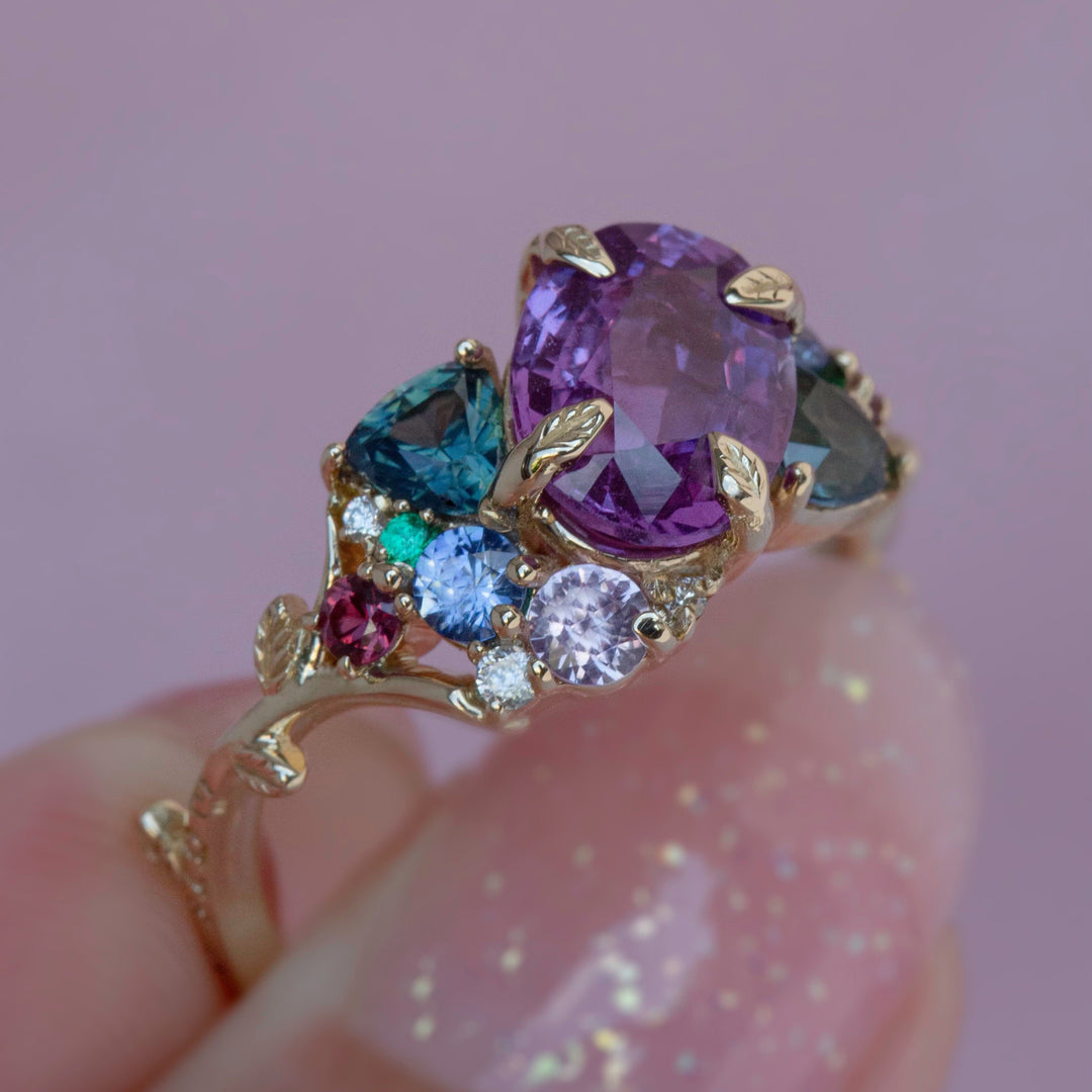 “Tara” Purple Sapphire Cluster Ring 14K Rose Gold,Tsavorite Garnet Ring,Floral Engagement Ring