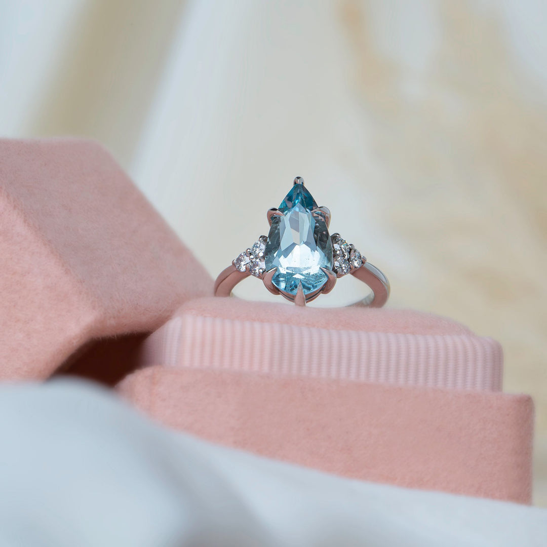 Pear Light Blue Aquamarine and Diamond Ring 14K Gold