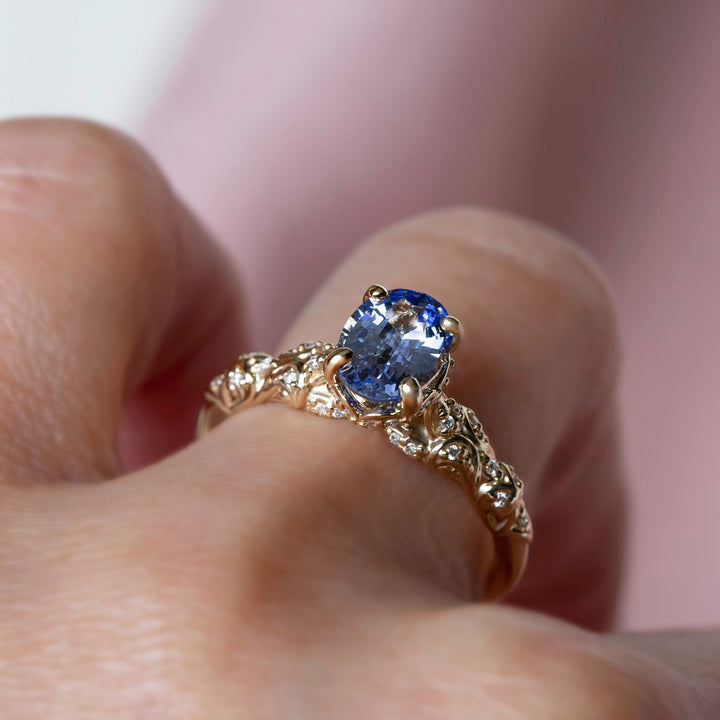 Genevieve Vintage Filigree Engagement Ring w/ Pastel Blue Oval Sapphire 14K Gold