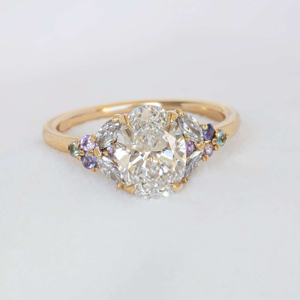 Floral Lab Grown Diamond Engagement Ring with Multicolored Sapphires in 14K Gold Nature Inspired Oval Diamond Ring