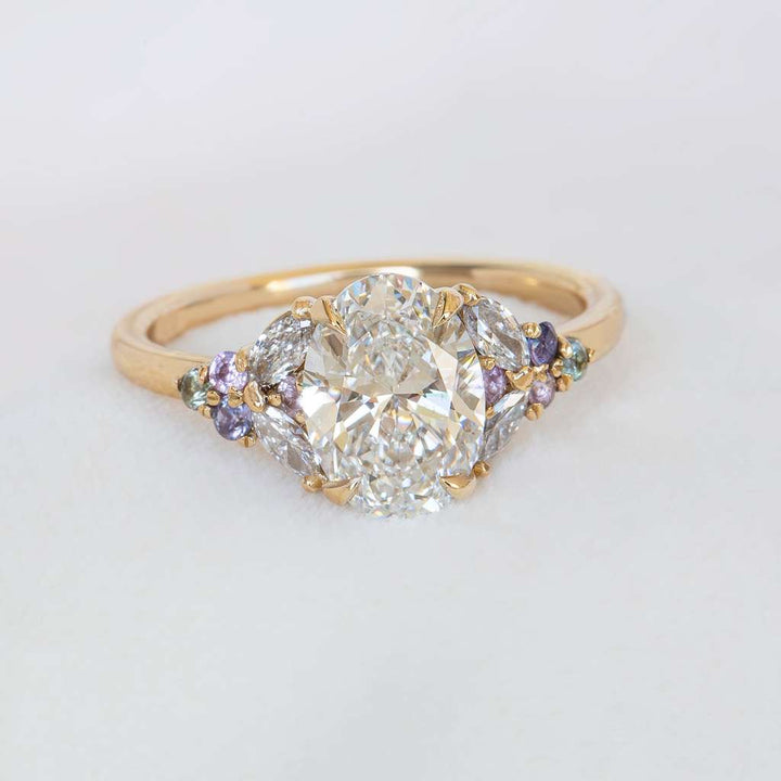 Floral Lab Grown Diamond Engagement Ring with Multicolored Sapphires in 14K Gold Nature Inspired Oval Diamond Ring