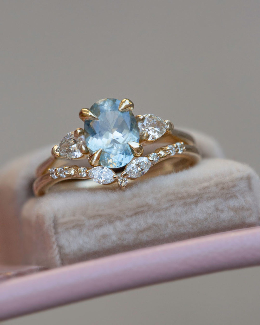 Sky Blue  Oval Montana Sapphire Three Stone Engagement Ring w/ Pear Cut Diamonds 14K Gold