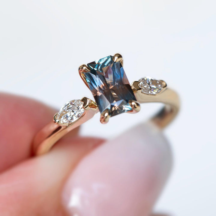 Three-Stone Emerald Cut Parti Color Montana Sapphire Ring w/ Lab-Grown Marquise Diamonds 14K Gold
