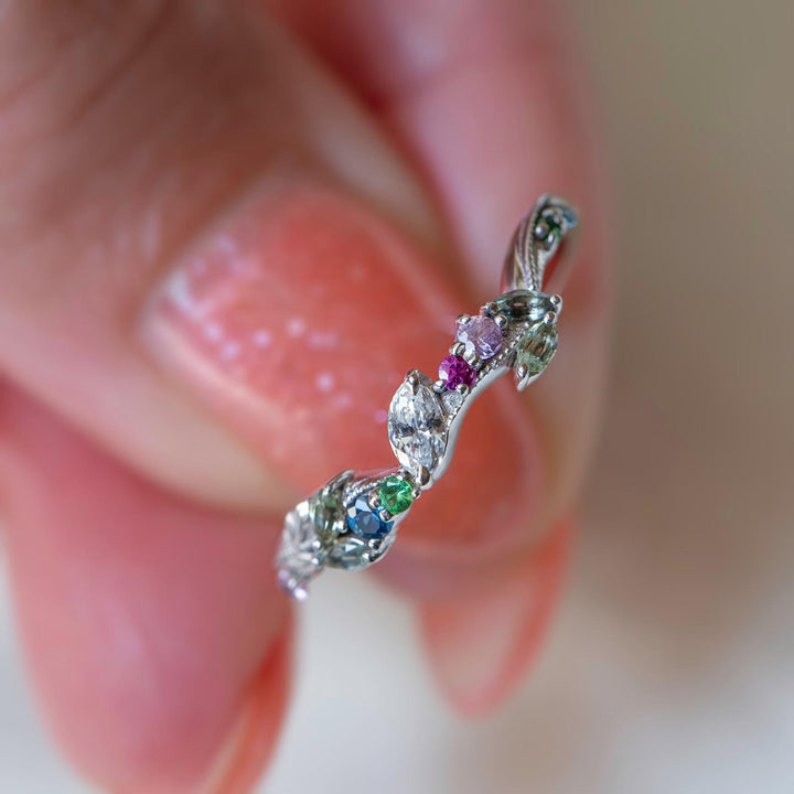 Whimsical Nature-Inspired Floral Wedding Band 14K Gold