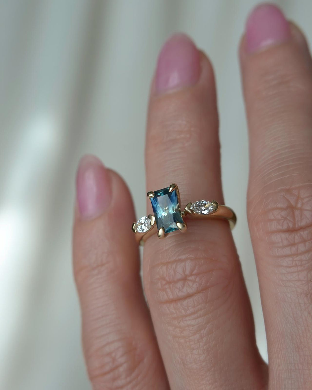 Three Stone Montana Sapphire Engagement Ring – Teal Sapphire and Diamond Ring in 14K Gold