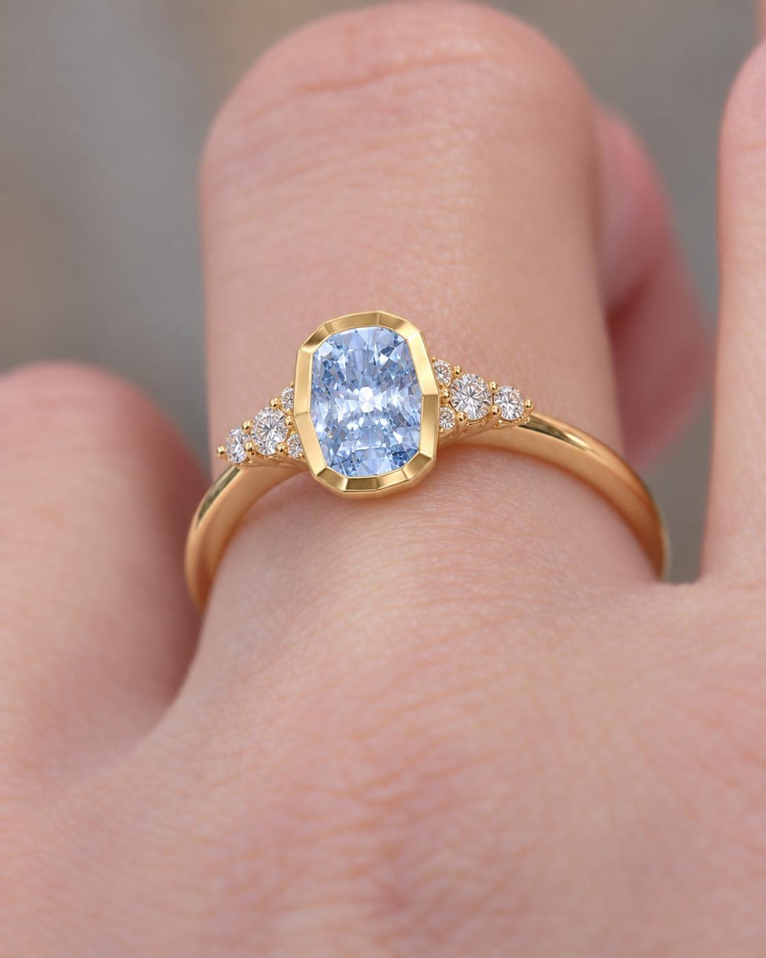 Lab Grown Fancy Vivid Blue Elongated Cushion Diamond Engagement Ring in 14K Gold|Bezel Set Diamond Ring