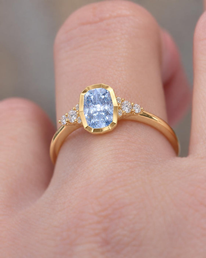 Lab Grown Fancy Vivid Blue Elongated Cushion Diamond Engagement Ring in 14K Gold|Bezel Set Diamond Ring