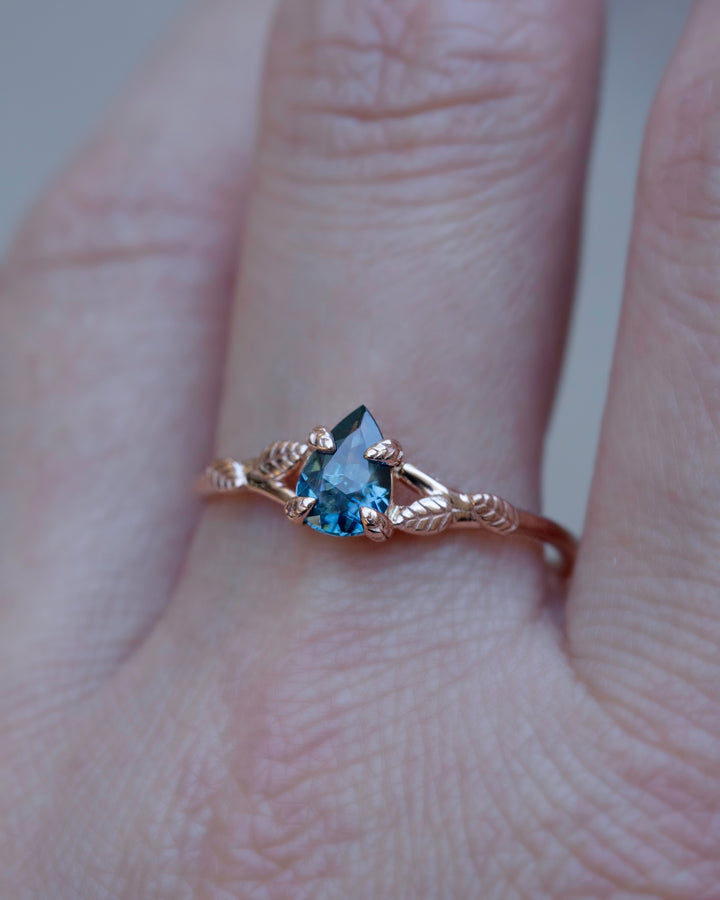 Leaf Engagement Ring with Montana Sapphire 14K Gold,Teal Montana Sapphire Engagement Ring,Solitaire Pear Ring,Rose Gold Pear Ring