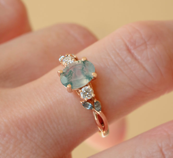 Nature Inspired Moss Agate Engagement Ring w/ Diamonds and Marquise Green Sapphires 14K Gold