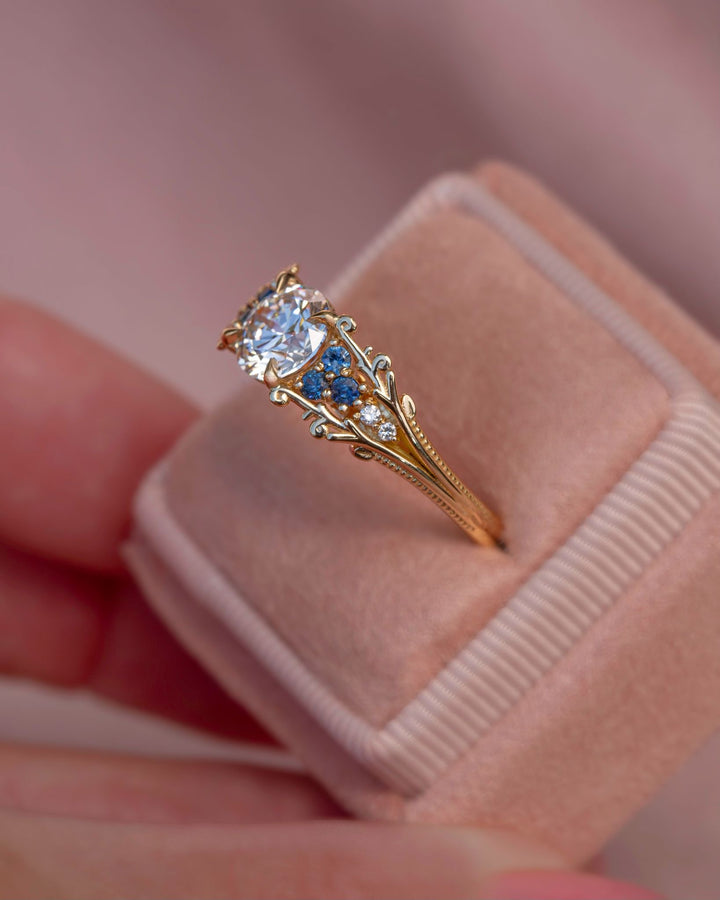 Mira Nature Inspired Diamond Engagement Ring w/ Teal Sapphires 14K Gold