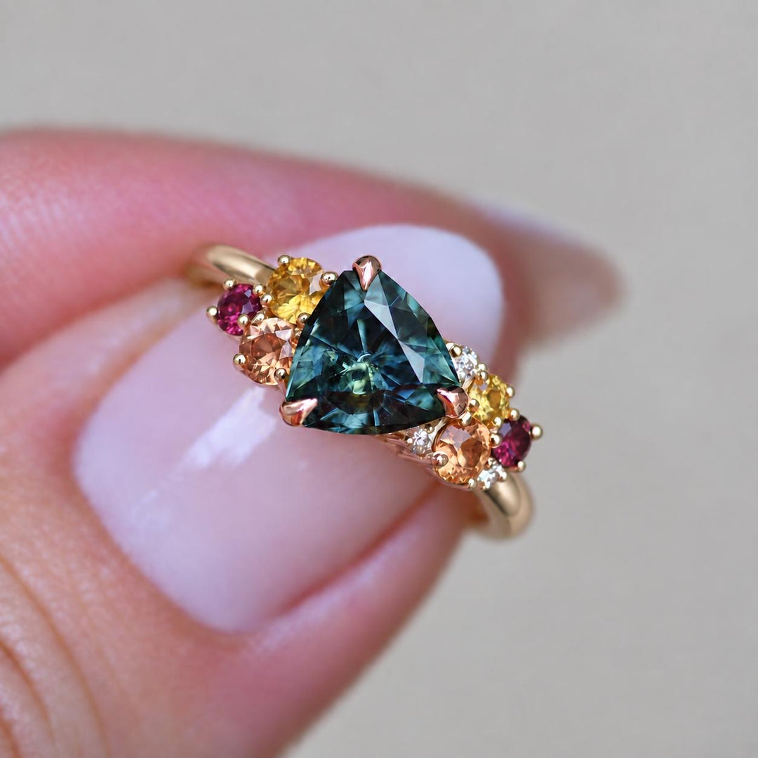 Trillion Cut Blue Green Montana Sapphire Multi Stone Cluster Engagement Ring in 14K Gold