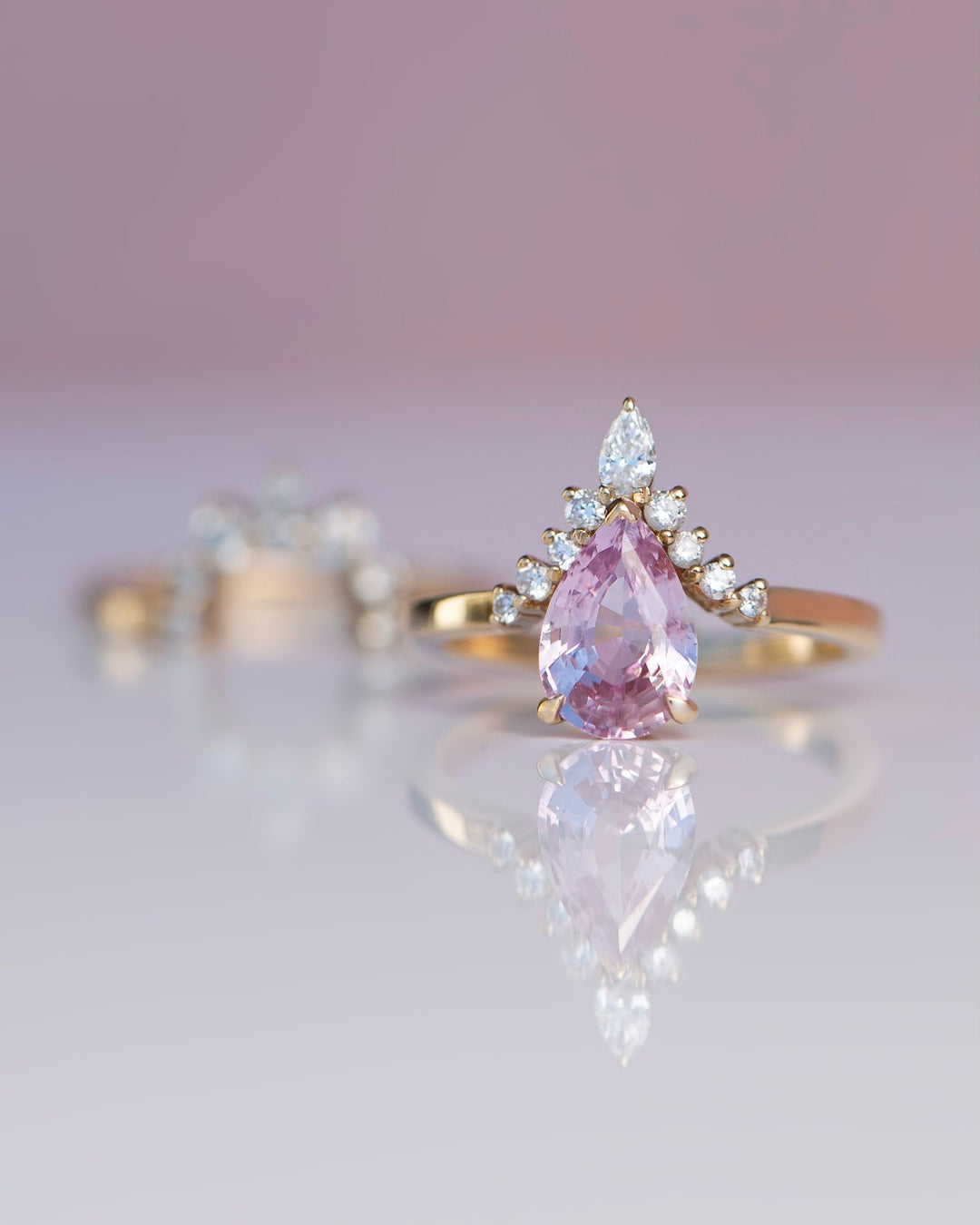 Pear Shape Pink Sapphire and Diamond Engagement Ring Set 14K Gold