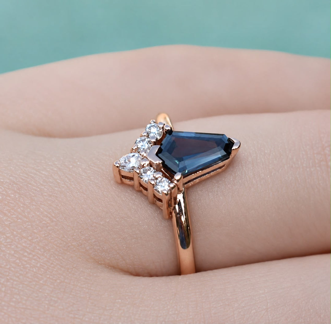 Kite Shape Teal Blue Sapphire Cluster Engagement Ring with Diamond Sunburst in 14K Gold