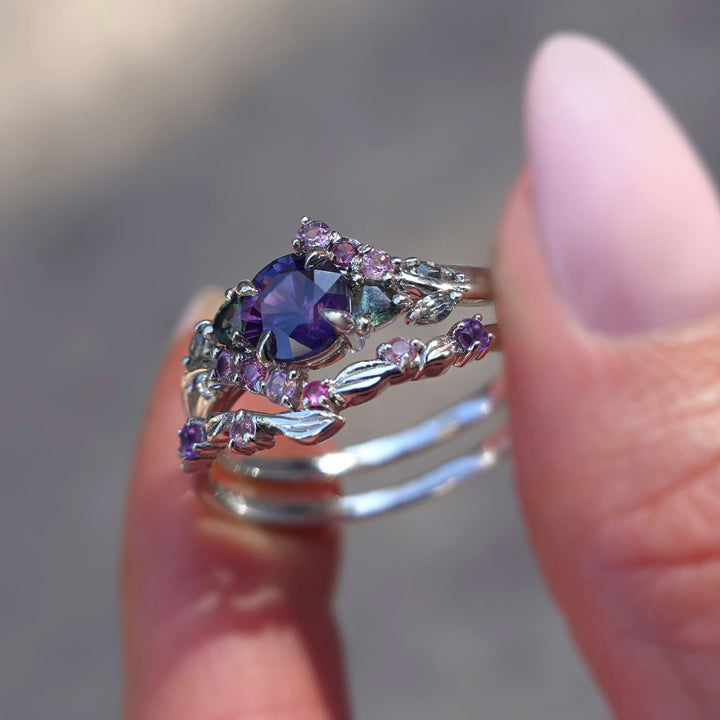 Nature Inspired Alternative Bridal Enchanted Garden Cluster Ring Set w/ Purple Sapphire 14K Gold