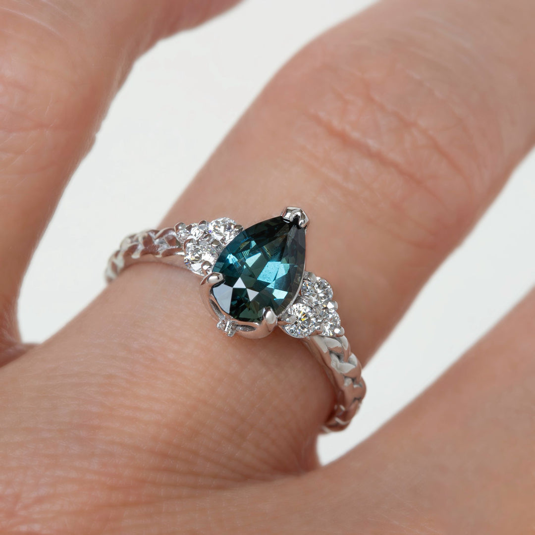 Teal Pear Sapphire and Diamond Engagement Ring with Celtic Knot Band 14K Gold