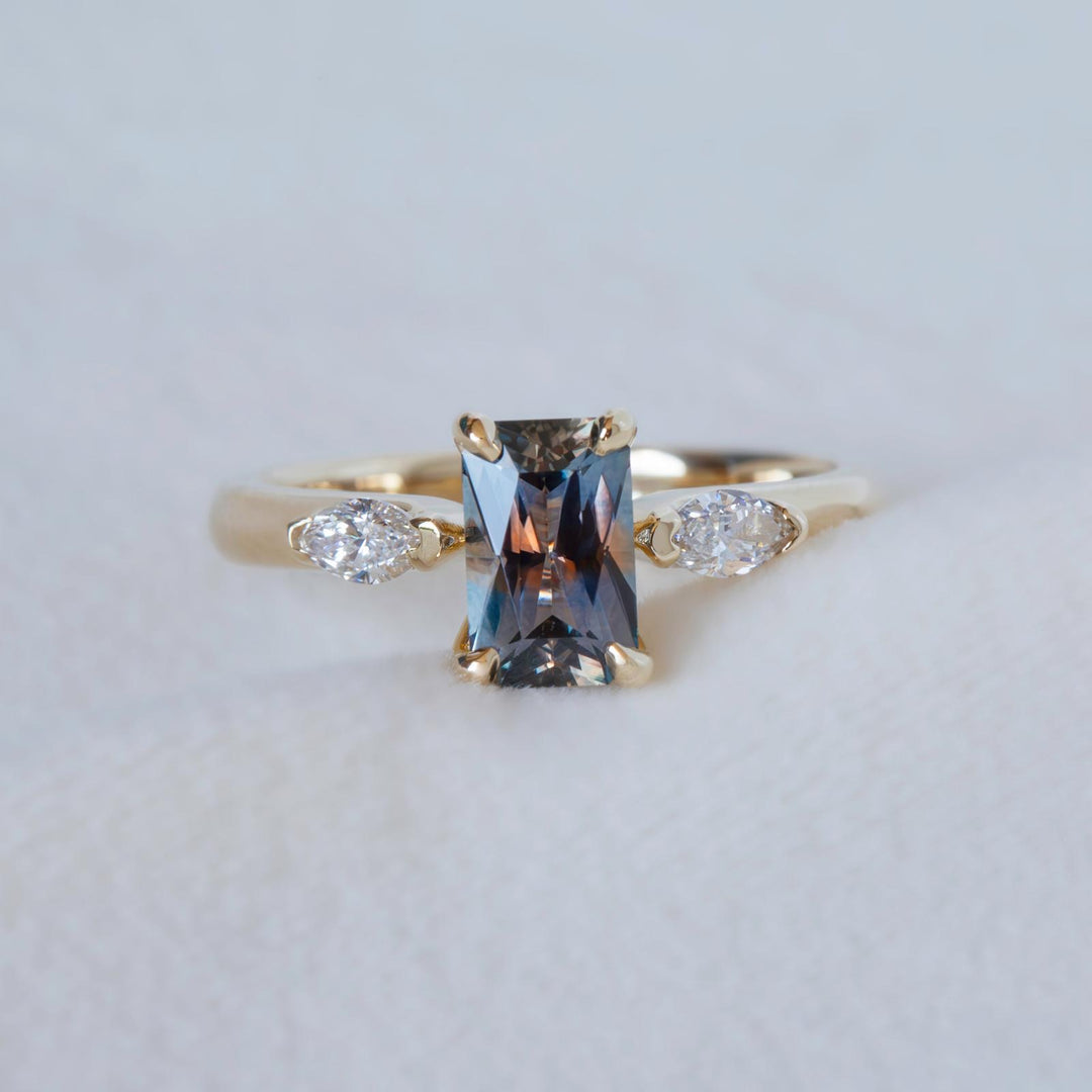 Three-Stone Emerald Cut Parti Color Montana Sapphire Ring w/ Lab-Grown Marquise Diamonds 14K Gold