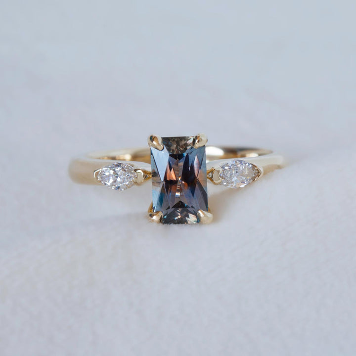 Three-Stone Emerald Cut Parti Color Montana Sapphire Ring w/ Lab-Grown Marquise Diamonds 14K Gold