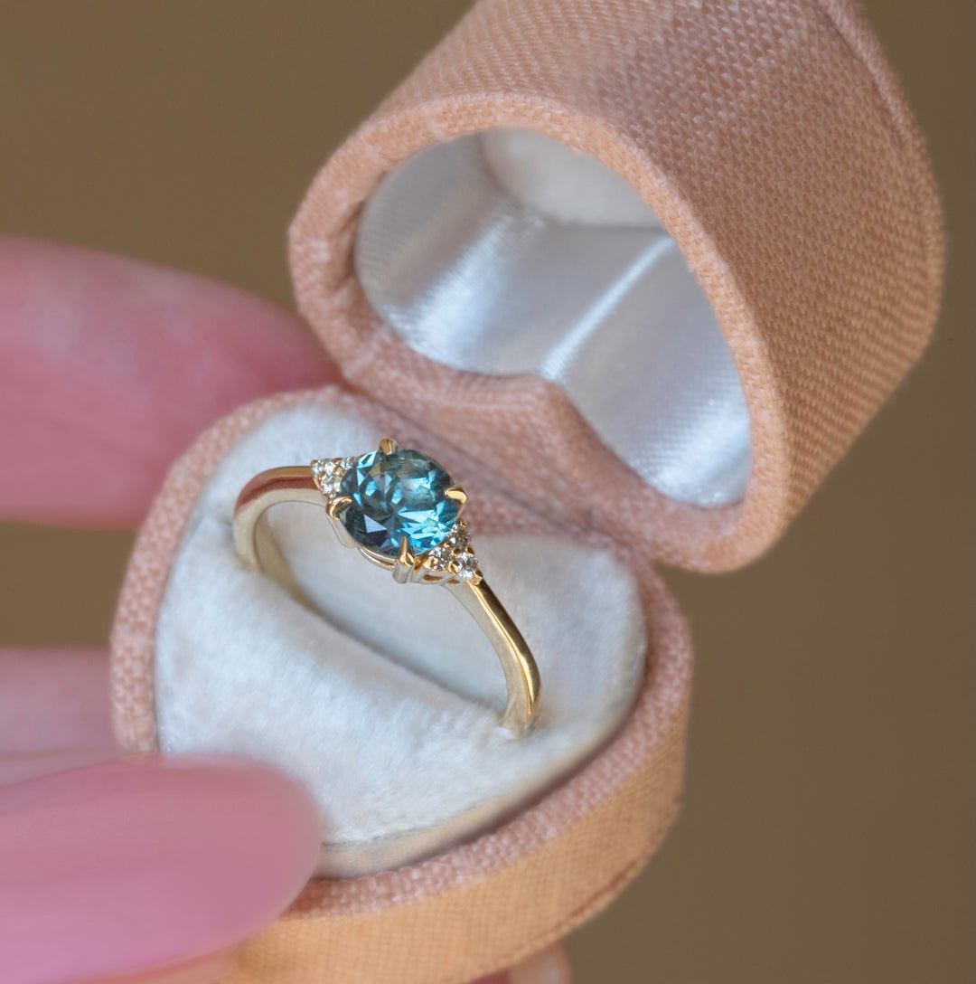 Teal Blue Green Montana Sapphire Solitaire Ring w/ Diamonds Accents 14K Gold, Teal Sapphire Engagement Ring