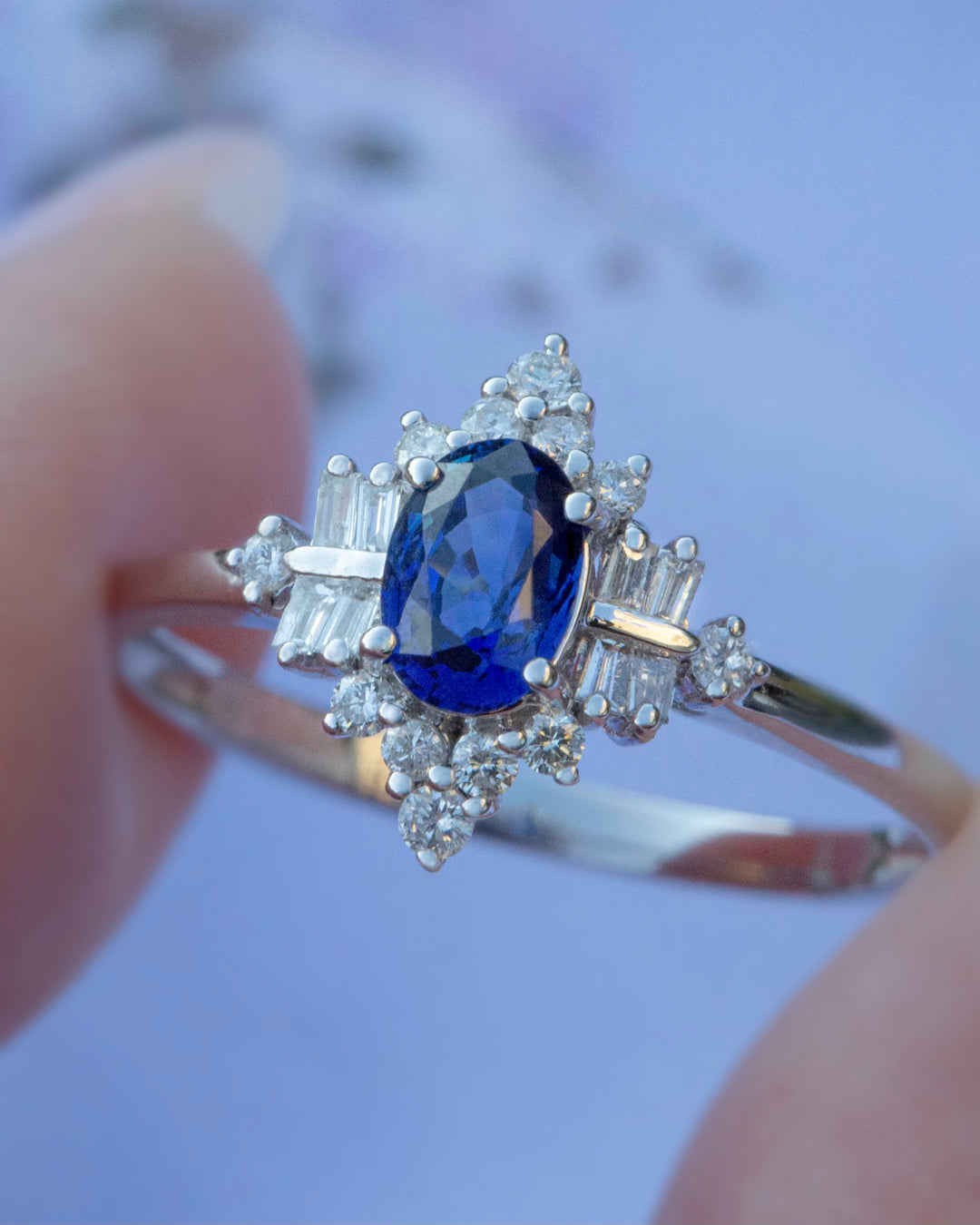 Blue Sapphire Engagement Ring with Diamonds 18K White Gold, Art Deco Style Ring