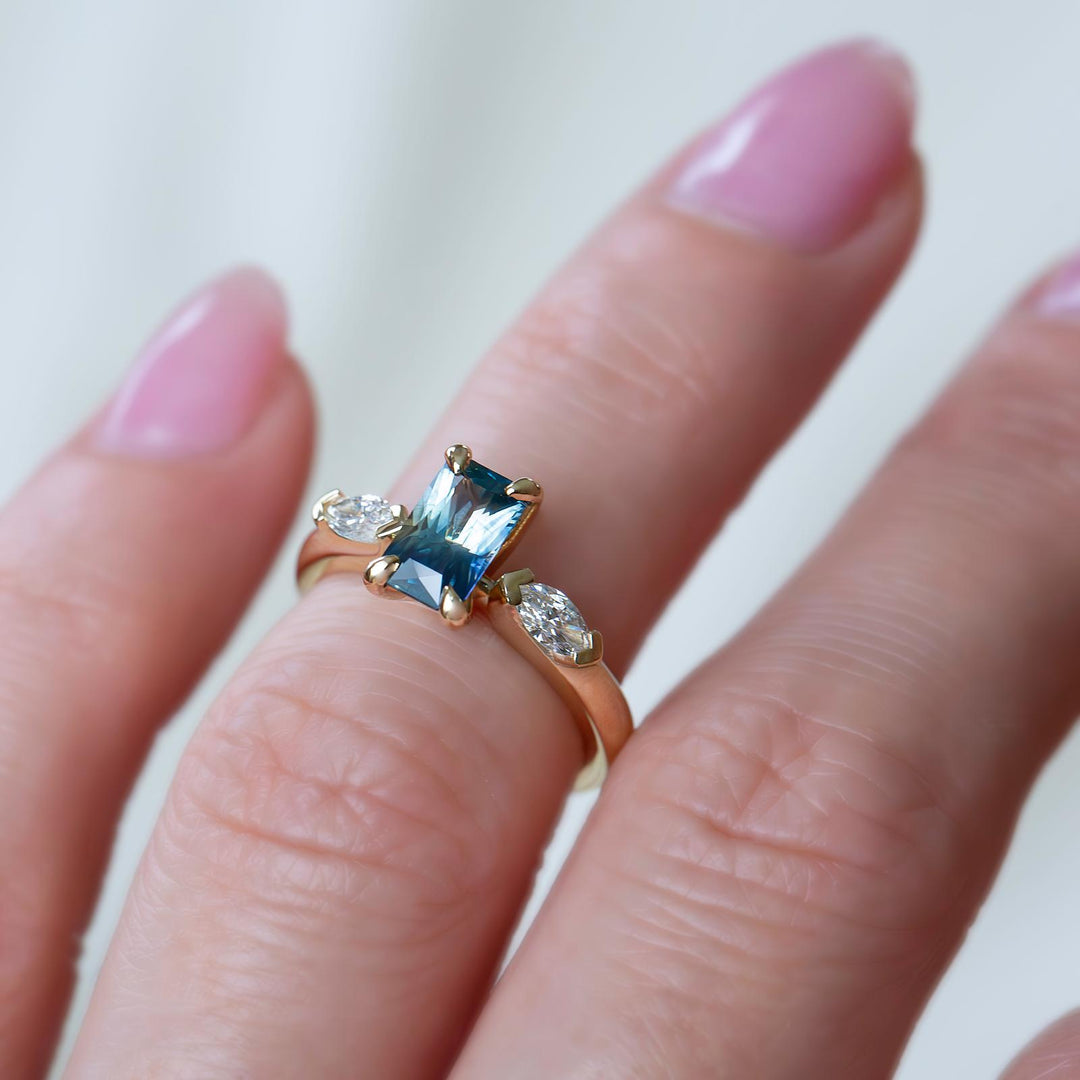 Three Stone Montana Sapphire Engagement Ring – Teal Sapphire and Diamond Ring in 14K Gold